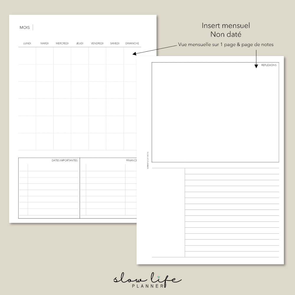 Cet insert mensuel vous offre une mise en page minimaliste., avec une vue synthétique du mois sur 1 page.