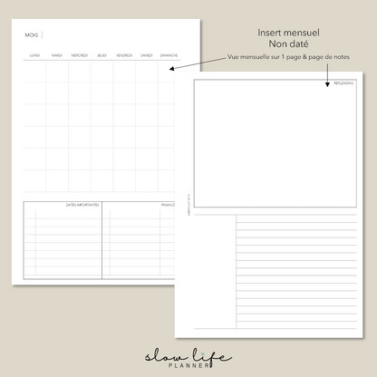 Cet insert mensuel vous offre une mise en page minimaliste., avec une vue synthétique du mois sur 1 page.